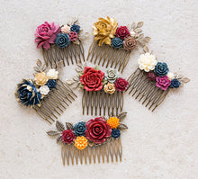 Load image into Gallery viewer, Maroon Plum Navy Blue Wedding Bridal Hair Comb Leaf Branch Rose Flower Floral Rustic Vintage Country Barn Wedding Hair Comb Bridal Hairpiece
