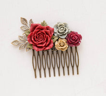 Load image into Gallery viewer, Red Latte Brown Gray Hair Comb Red Wedding Hair Comb Floral Bridal Comb Bridesmaid Gift Antiqued Gold Leaf Rustic Vintage Hair Accessory
