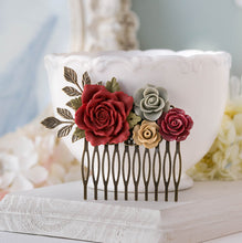 Load image into Gallery viewer, Red Latte Brown Gray Hair Comb Red Wedding Hair Comb Floral Bridal Comb Bridesmaid Gift Antiqued Gold Leaf Rustic Vintage Hair Accessory
