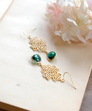 Load image into Gallery viewer, Emerald Green Earrings Gold Filigree Dangle Earrings Green Wedding Bridesmaid Earrings Bridal Earrings Gift for Wife Sister Mom Boho Chic
