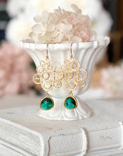 Load image into Gallery viewer, Green Earrings Emerald Glass Drop Gold Filigree Dangle Earrings Emerald Green Wedding Jewelry Bridesmaid Earrings May Birthstone Earrings
