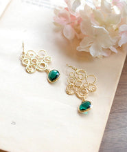 Load image into Gallery viewer, Green Earrings Emerald Glass Drop Gold Filigree Dangle Earrings Emerald Green Wedding Jewelry Bridesmaid Earrings May Birthstone Earrings
