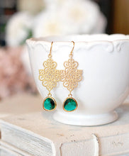 Load image into Gallery viewer, Emerald Green Earrings Gold Filigree Dangle Earrings Green Wedding Bridesmaid Earrings Bridal Earrings Gift for Wife Sister Mom Boho Chic
