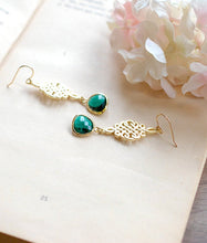 Load image into Gallery viewer, Emerald Green Earrings Gold Filigree Dangle Earrings Green Wedding Bridesmaid Earrings Bridal Earrings Gift for Wife Sister Mom Boho Chic
