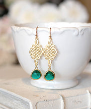 Load image into Gallery viewer, Emerald Green Earrings Gold Filigree Dangle Earrings Green Wedding Bridesmaid Earrings Bridal Earrings Gift for Wife Sister Mom Boho Chic
