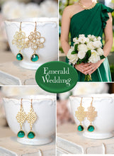 Load image into Gallery viewer, Emerald Green Earrings Gold Filigree Dangle Earrings Green Wedding Bridesmaid Earrings Bridal Earrings Gift for Wife Sister Mom Boho Chic
