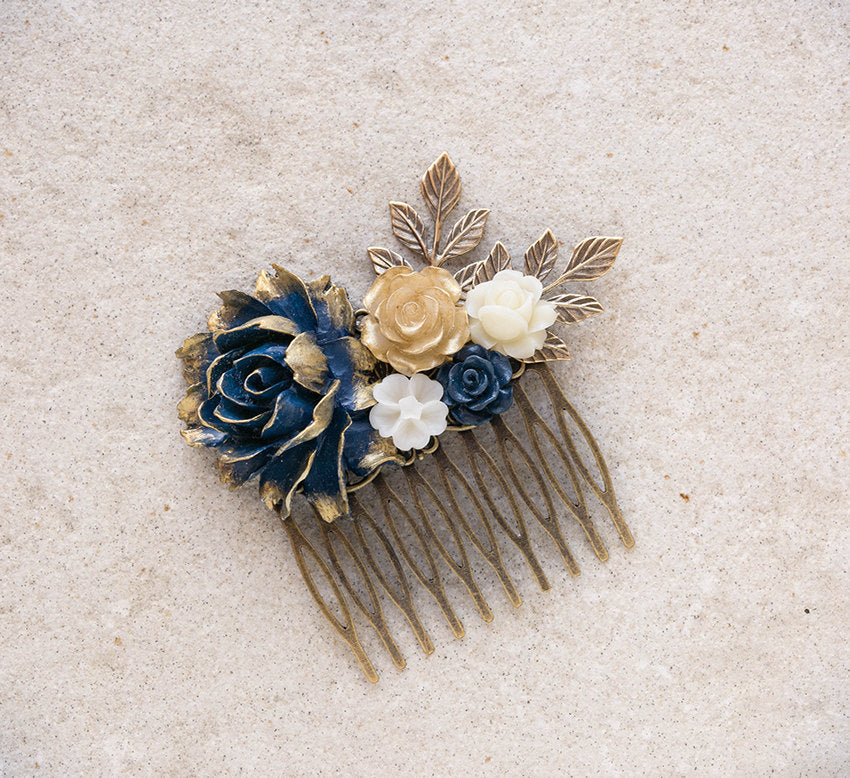 Navy and Gold Wedding Bridal Hair Comb Antique Gold Leaf Branch Flowers Hair Accessory Something blue Wedding Bridesmaid Gift Vintage Style