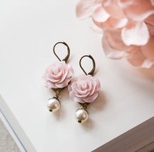 Load image into Gallery viewer, Pale Dusty Pink Earrings Blush Pink Rose Flower Cream White Pearl Dangle Earrings Pink Wedding Bridesmaid Gift Romantic Vintage Lever back
