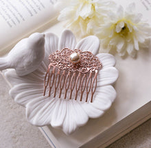 Load image into Gallery viewer, Rose Gold Hair Comb, Rose Gold Wedding Bridal Hair Comb, Winter Fall Autumn Wedding, Bridesmaid Gift, Filigree Champagne Pearl Comb
