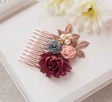 画像をギャラリービューアに読み込む, Rose Gold Bridal Hair Comb Maroon Burgundy Dark Red Wedding Hair Comb Red Gray Dusty Pink Flower Pearl Rhinestone Fall Autumn Wedding Comb
