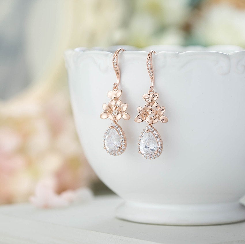 Rose Gold Bridal Earrings Wedding Earrings Rose Gold Clear Crystal Cubic Zirconia Earrings Cherry Blossom Lilac Flower Wedding Jewelry