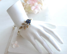 画像をギャラリービューアに読み込む, Navy Blue Wedding Bridal Bracelet Dark Blue Rose Flower Brass Leaf Branch Beaded Cream Ivory Pearl Bracelet Flower Girl Bridesmaid Bracelet
