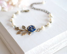 画像をギャラリービューアに読み込む, Navy Blue Wedding Bridal Bracelet Dark Blue Rose Flower Brass Leaf Branch Beaded Cream Ivory Pearl Bracelet Flower Girl Bridesmaid Bracelet
