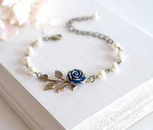 画像をギャラリービューアに読み込む, Navy Blue Wedding Bridal Bracelet Dark Blue Rose Flower Brass Leaf Branch Beaded Cream Ivory Pearl Bracelet Flower Girl Bridesmaid Bracelet
