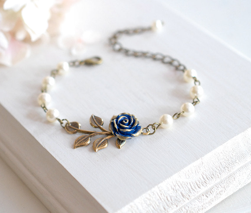 Navy Blue Wedding Bridal Bracelet Dark Blue Rose Flower Brass Leaf Branch Beaded Cream Ivory Pearl Bracelet Flower Girl Bridesmaid Bracelet