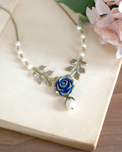 Load image into Gallery viewer, Dark Blue Navy Rose Flower Brass Leaf Branch Ivory Cream Pearl Necklace, Gold Navy Blue Bridal Necklace, Something Blue Woodland Wedding
