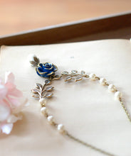 Load image into Gallery viewer, Dark Blue Navy Rose Flower Brass Leaf Branch Ivory Cream Pearl Necklace, Gold Navy Blue Bridal Necklace, Something Blue Woodland Wedding
