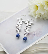 Load image into Gallery viewer, Navy Blue Wedding Earrings Silver Flower Dark Blue Cream Pearl Bridal Earrings Bridesmaid Earrings Gift Something Blue Wedding Jewelry
