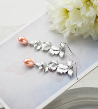 Load image into Gallery viewer, Rose Peach Pearl Bridal Earrings Silver Orchid Flower Peach Wedding Jewelry Bridesmaid Jewelry Gift Peach Pink Bridal Pearl Earrings
