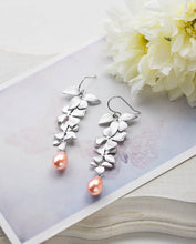 Load image into Gallery viewer, Rose Peach Pearl Bridal Earrings Silver Orchid Flower Peach Wedding Jewelry Bridesmaid Jewelry Gift Peach Pink Bridal Pearl Earrings
