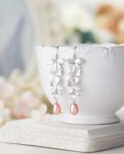 Load image into Gallery viewer, Rose Peach Pearl Bridal Earrings Silver Orchid Flower Peach Wedding Jewelry Bridesmaid Jewelry Gift Peach Pink Bridal Pearl Earrings
