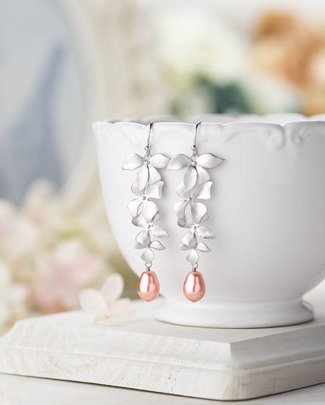 Rose Peach Pearl Bridal Earrings Silver Orchid Flower Peach Wedding Jewelry Bridesmaid Jewelry Gift Peach Pink Bridal Pearl Earrings