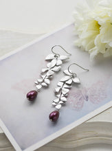 Load image into Gallery viewer, Silver Flower Dangle Earrings Bridal Earrings Plum Eggplant Purple Wedding Teardrop Pearl Earrings Swarovski Blackberry Pearl Earrings
