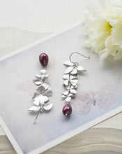 Load image into Gallery viewer, Silver Flower Dangle Earrings Bridal Earrings Plum Eggplant Purple Wedding Teardrop Pearl Earrings Swarovski Blackberry Pearl Earrings
