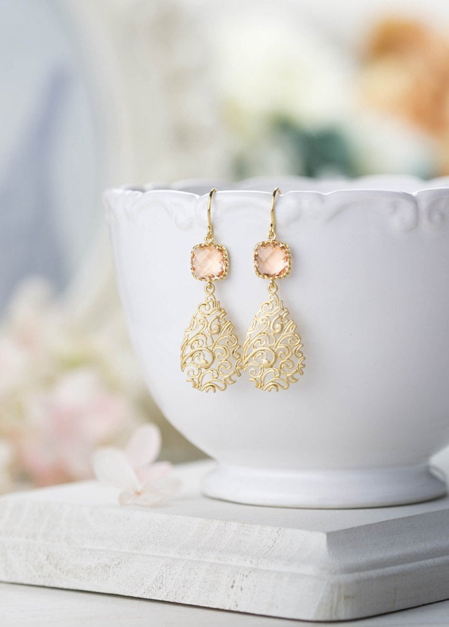 Peach Earrings Peach Wedding Earrings Gold Paisley Filigree Earrings Bridal Earrings Wedding Jewelry Bridesmaid Gift Bridesmaid Earrings