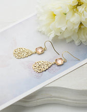 Load image into Gallery viewer, Peach Earrings Peach Wedding Earrings Gold Paisley Filigree Earrings Bridal Earrings Wedding Jewelry Bridesmaid Gift Bridesmaid Earrings
