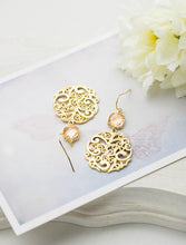 Load image into Gallery viewer, Peach and Gold Dangle Earrings Peach Champagne Wedding Jewelry Gold Paisley Filigree Earrings Bridal Earrings Bridesmaid Earrings Gift
