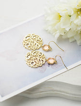 Load image into Gallery viewer, Peach and Gold Dangle Earrings Peach Champagne Wedding Jewelry Gold Paisley Filigree Earrings Bridal Earrings Bridesmaid Earrings Gift
