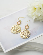 Load image into Gallery viewer, Peach and Gold Dangle Earrings Peach Champagne Wedding Jewelry Gold Paisley Filigree Earrings Bridal Earrings Bridesmaid Earrings Gift
