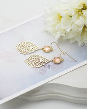 Load image into Gallery viewer, Gold and Peach Earrings Paisley Filigree Dangle Earrings Peach Champagne Wedding Bridal Earrings Bridesmaid Earrings Gift for Her
