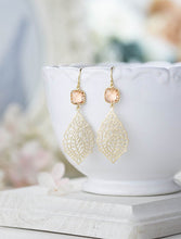 Load image into Gallery viewer, Gold and Peach Earrings Paisley Filigree Dangle Earrings Peach Champagne Wedding Bridal Earrings Bridesmaid Earrings Gift for Her
