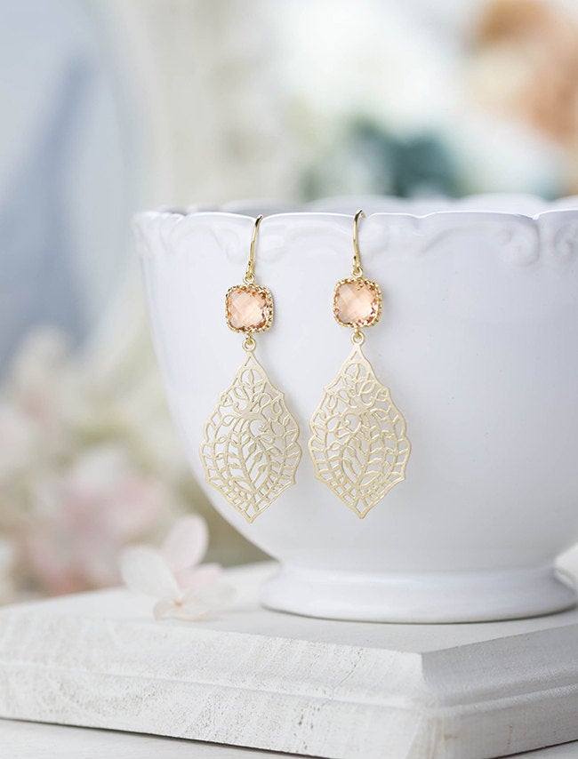 Gold and Peach Earrings Paisley Filigree Dangle Earrings Peach Champagne Wedding Bridal Earrings Bridesmaid Earrings Gift for Her