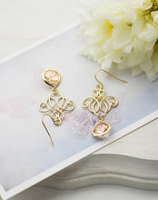 Load image into Gallery viewer, Peach Champagne Earrings Gold Ornate Filigree Peach Crystal Bridesmaid Gift Blush Wedding Jewelry Valentines day Gift for women for Her
