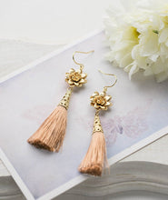 Load image into Gallery viewer, Tassel Earrings Light Tan Beige Silk Tassel Gold Lotus Flower Earrings Long Dangle Bohemian Boho Chic Yoga Yogi Jewelry Wife Mom Gift
