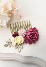 Load image into Gallery viewer, Marsala Wedding Hair Comb Plum Maroon Burgundy Dusty Pink Flower Antiqued Gold Leaf Branch Bridal Hair Comb Bridesmaid Gift Country Wedding
