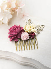 Load image into Gallery viewer, Marsala Wedding Hair Comb Plum Maroon Burgundy Dusty Pink Flower Antiqued Gold Leaf Branch Bridal Hair Comb Bridesmaid Gift Country Wedding
