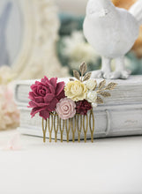 Load image into Gallery viewer, Marsala Wedding Hair Comb Plum Maroon Burgundy Dusty Pink Flower Antiqued Gold Leaf Branch Bridal Hair Comb Bridesmaid Gift Country Wedding
