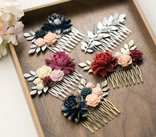 Load image into Gallery viewer, Marsala Wedding Hair Comb Silver Bridal Hair Comb Ivory Dusty Pink Maroon Burgundy Flower Antiqued Gold Leaf Wedding Comb Bridesmaid Gift
