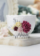 Load image into Gallery viewer, Marsala Wedding Hair Comb Silver Bridal Hair Comb Ivory Dusty Pink Maroon Burgundy Flower Antiqued Gold Leaf Wedding Comb Bridesmaid Gift
