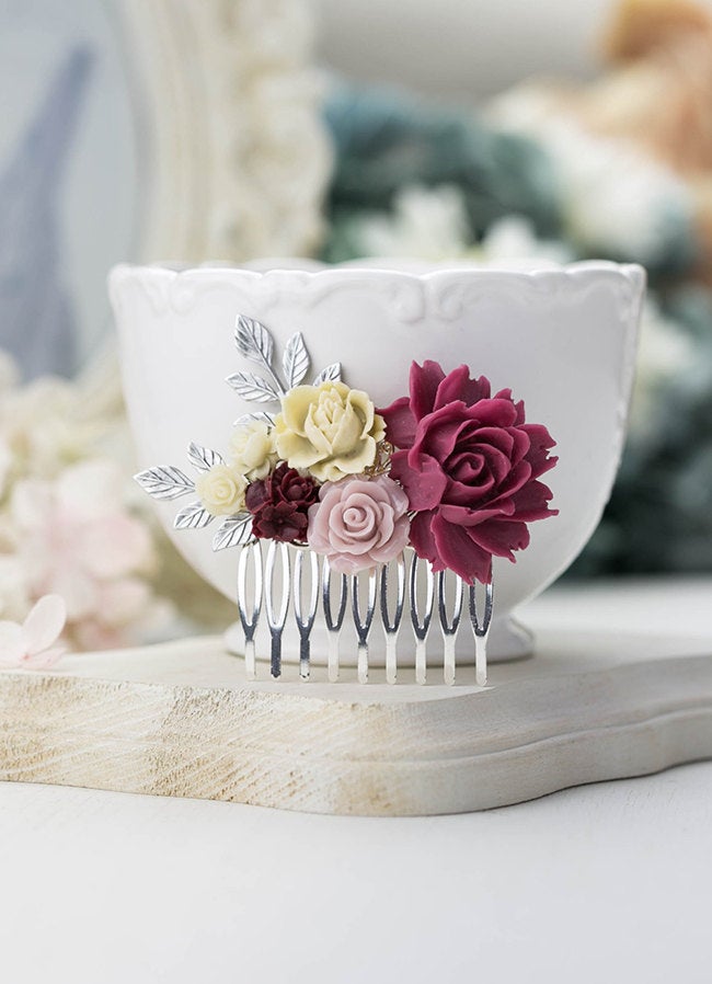 Marsala Wedding Hair Comb Silver Bridal Hair Comb Ivory Dusty Pink Maroon Burgundy Flower Antiqued Gold Leaf Wedding Comb Bridesmaid Gift