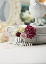 Load image into Gallery viewer, Marsala Wedding Hair Comb Silver Bridal Hair Comb Ivory Dusty Pink Maroon Burgundy Flower Antiqued Gold Leaf Wedding Comb Bridesmaid Gift
