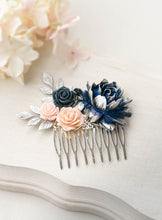 画像をギャラリービューアに読み込む, Navy Blue Pink Wedding Hair Comb Silver Bridal Bridal Headpiece Dark Blue Blush Pink Flower Silver Leaf Hair Comb Silver and Navy Wedding
