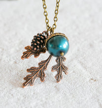 Load image into Gallery viewer, Oak Leaf Necklace, Blue Pearl Acorn Necklace, Pinecone Necklace, Fall Autumn jewelry, Woodland Necklace, gift for her
