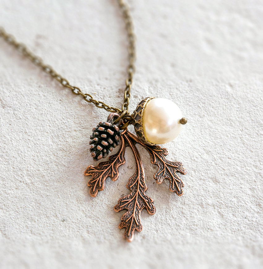 Acorn Pendant Necklace, Pinecone Necklace, Oak Leaf Necklace, Fall Necklace, Autumn jewellery, Fall Jewelry, Woodland Wedding, Gift for Her