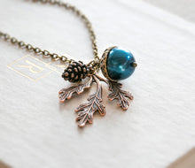 Load image into Gallery viewer, Oak Leaf Necklace, Blue Pearl Acorn Necklace, Pinecone Necklace, Fall Autumn jewelry, Woodland Necklace, gift for her
