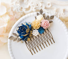 Load image into Gallery viewer, Gold Navy Blue Pink Ivory Floral Bridal Hair Comb, Wedding Hair Comb, Antiqued gold leaf branch Comb, Country Barn Wedding Hairpiece
